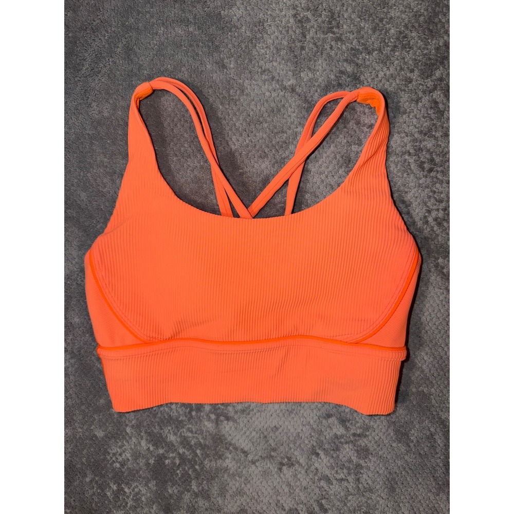 Lululemon Sports Bra Size 6 Neon Orange Ribbed Longline Strappy Cross Back Yoga